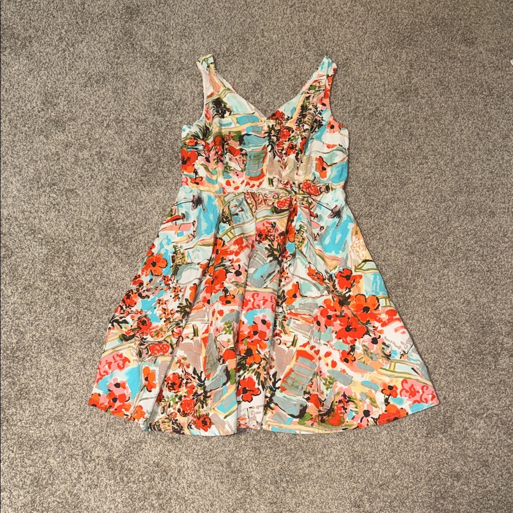 Sainsbury’s Tu Floral Mini Dress - peach/ Coral Blue, Cream size 14 EUc